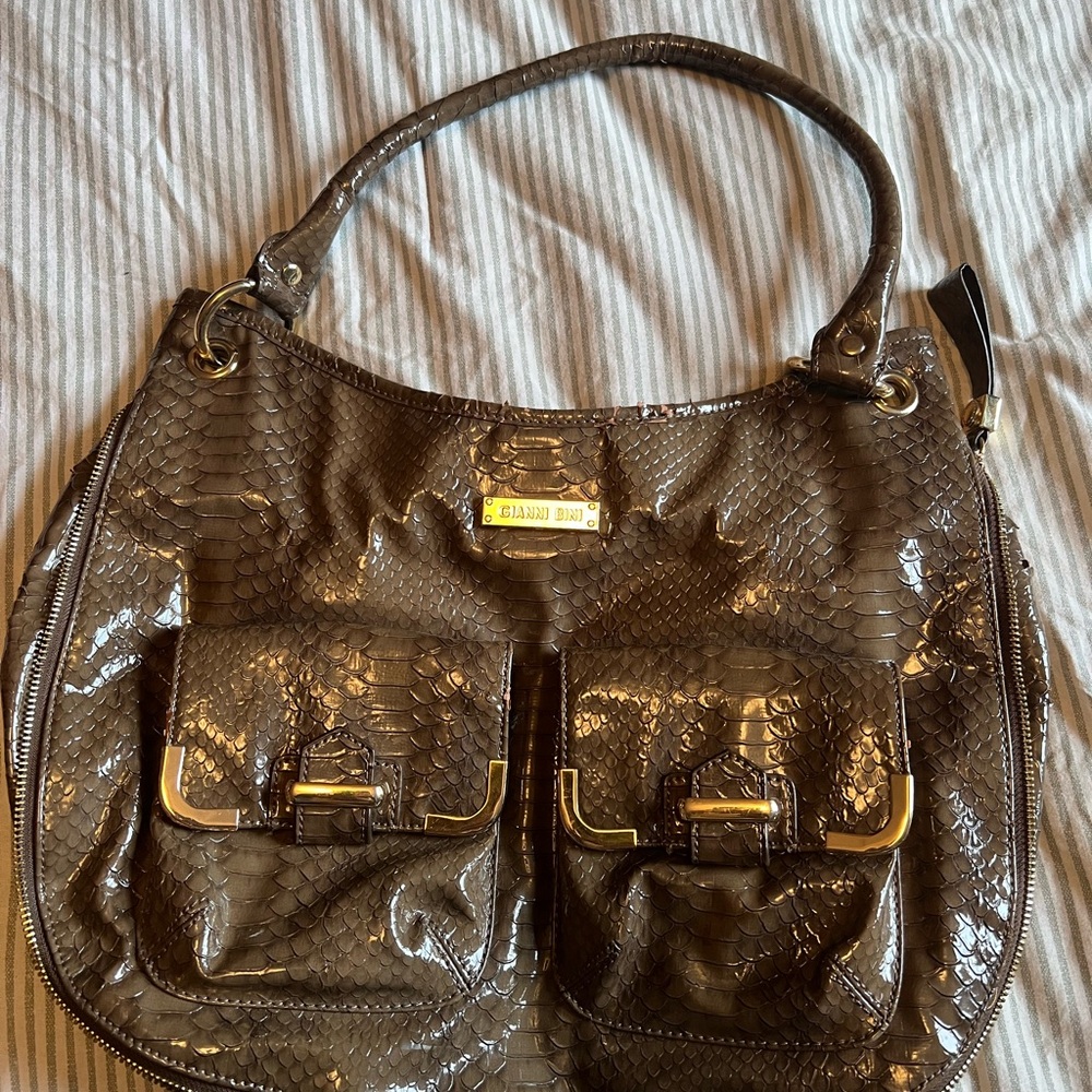 Gianni Bini Shiny Brown Snake Print Hobo Bag